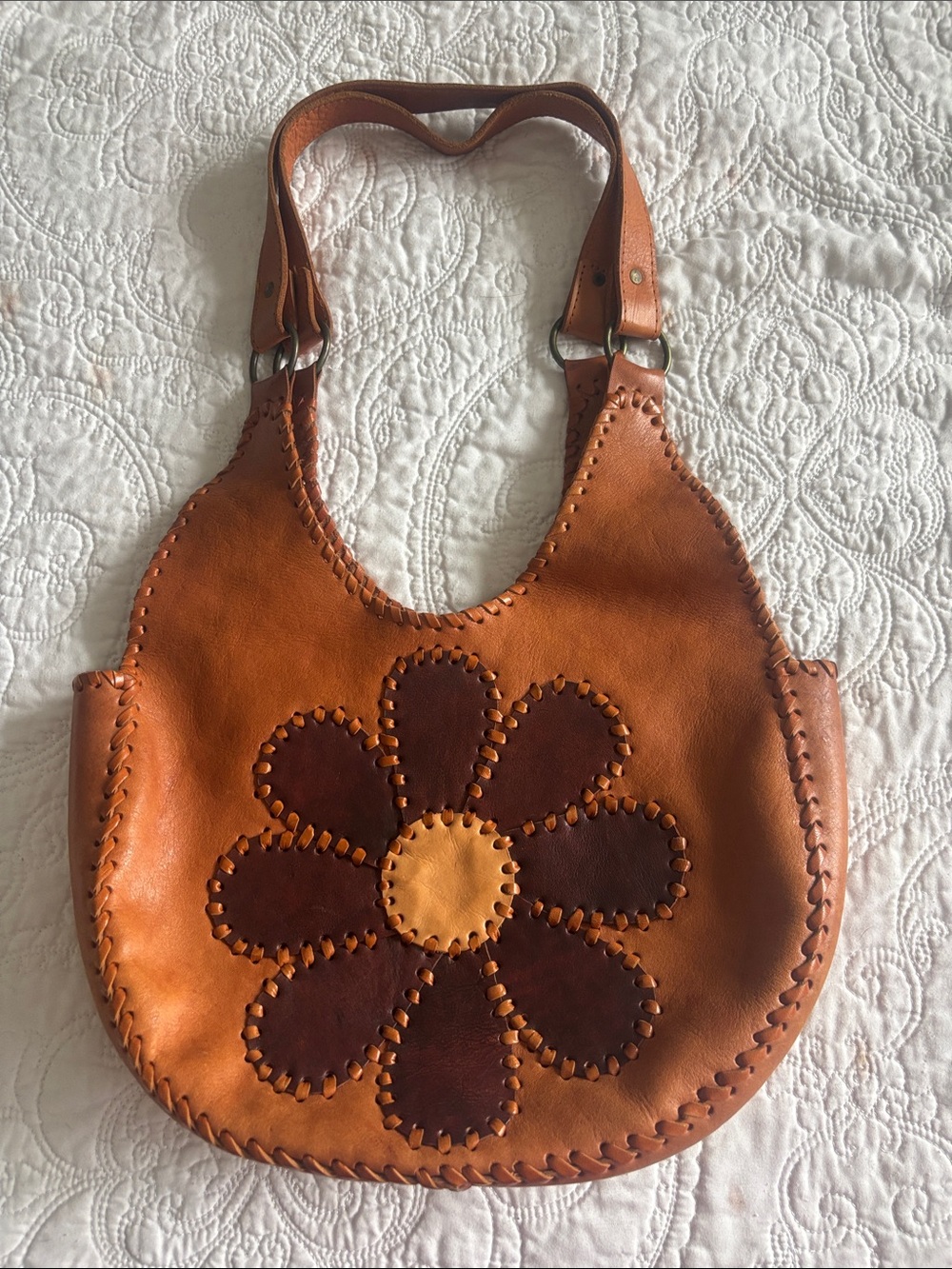 Retro 70’s Style Brown Leather Like Shoulder Bag with Floral Appliqué